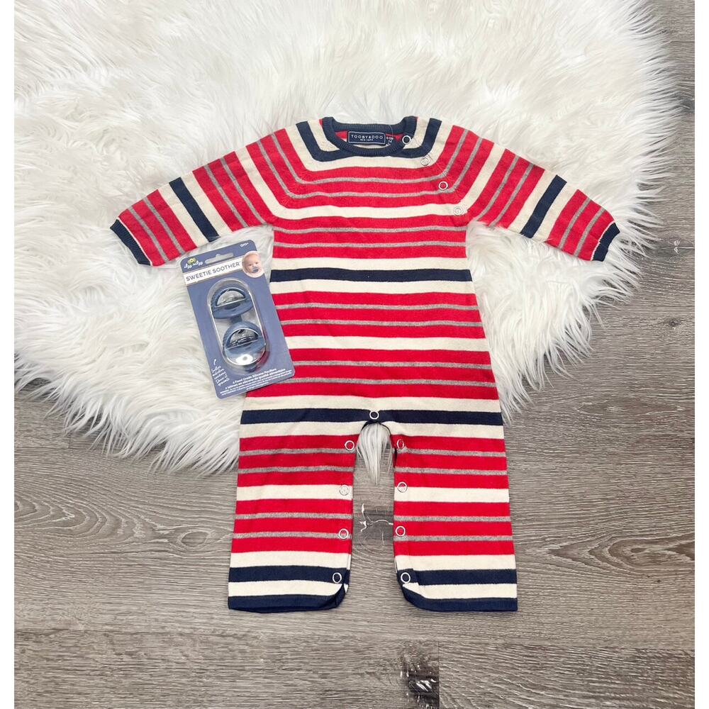 Toobydoo Red, White And Blue Striped Cotton Cashmere Sweater Jumpsuit 6/12month‎
